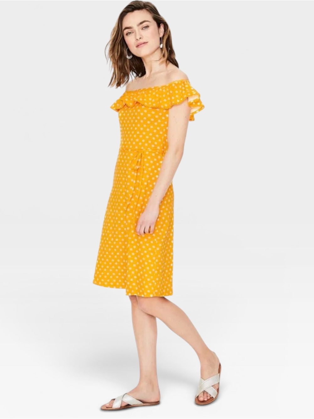 Boden Bethany Yellow Polka Dot Ruffle Dress Cotton Tie Waist Fit & Flare Size 6